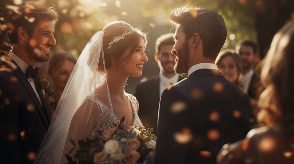 a woman and a man are getting married surrounded by family representing marrying into an enmeshed family.