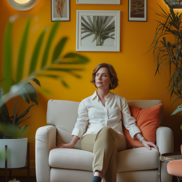 A female therapist sits in her office across from an empty chair representing why therapy clients ghost.