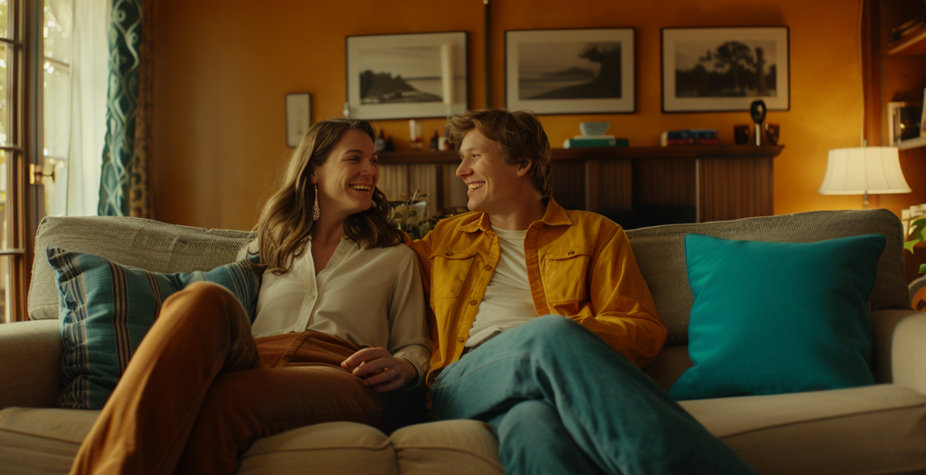 A couple sits on a couch talking representing how to have a relationship check-in