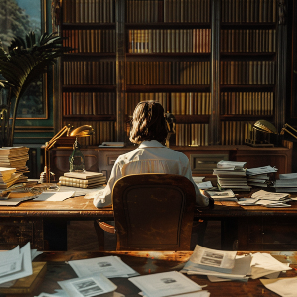 A therapist sits alone at her desk. Her desk is covered in papers representing the stress of starting a private therapy practice.