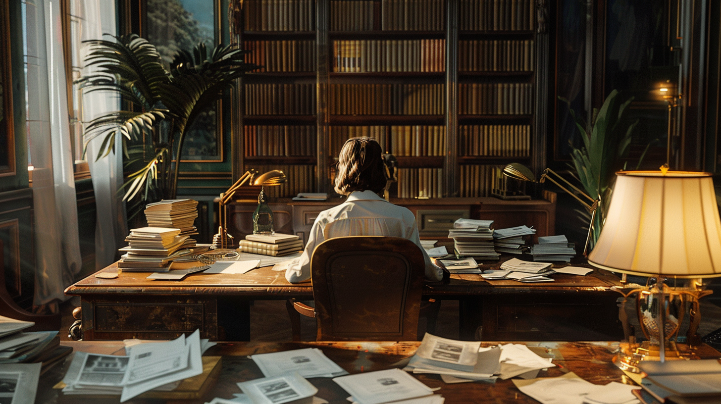 A therapist sits alone at her desk. Her desk is covered in papers representing the stress of starting a private therapy practice.