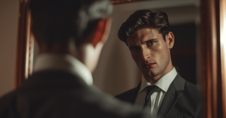 A man looks in a mirror with a vacant stare representing am I married to a narcissist?