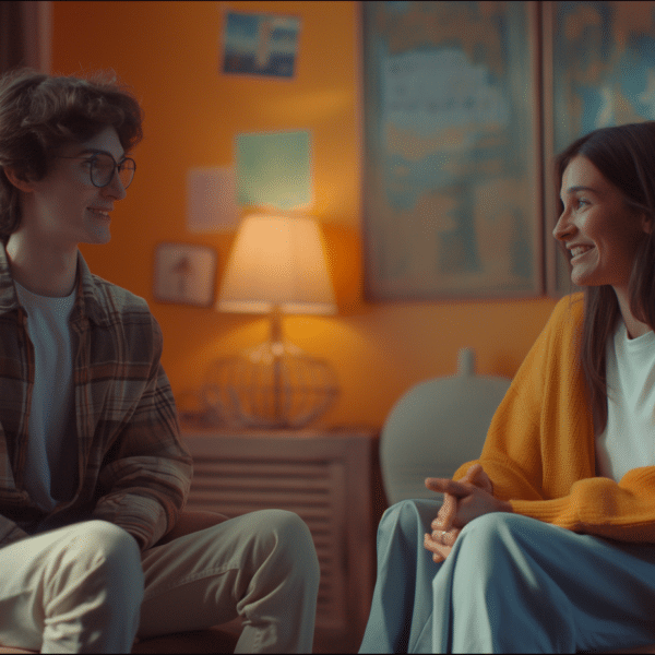 A female therapists talks with an 18 year old male who is aging out of foster care representing A Home Within.