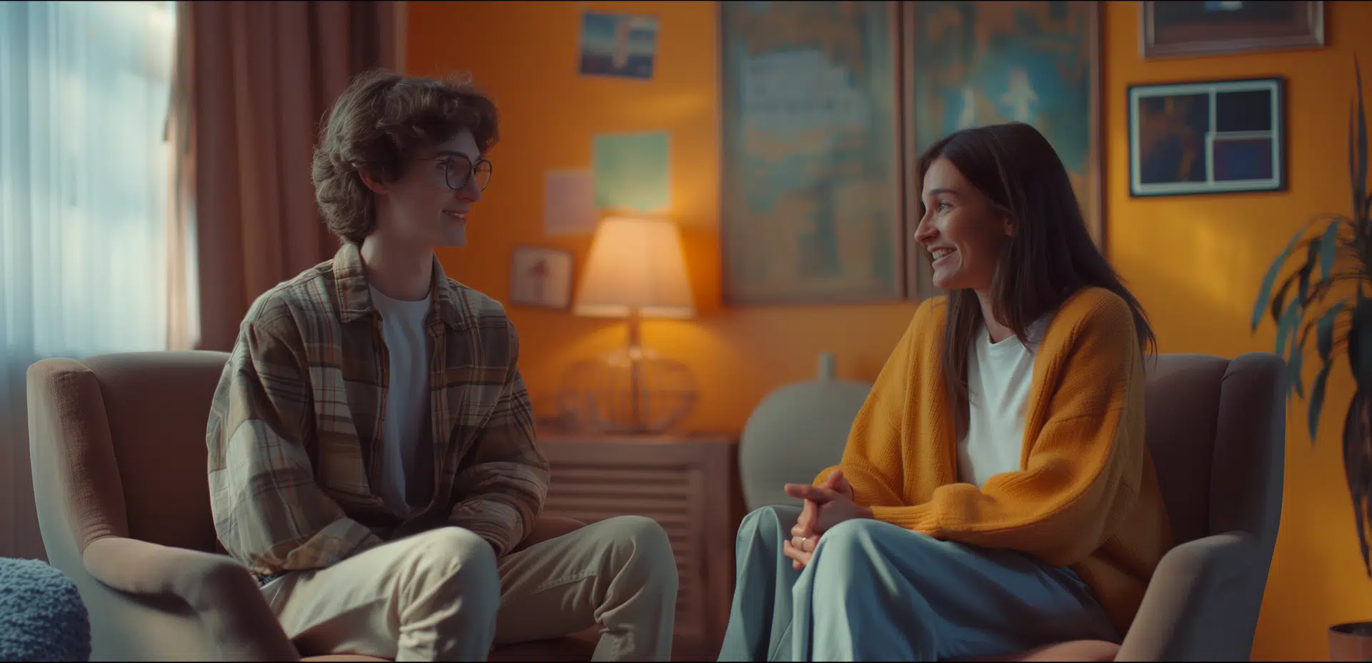 A female therapists talks with an 18 year old male who is aging out of foster care representing A Home Within.