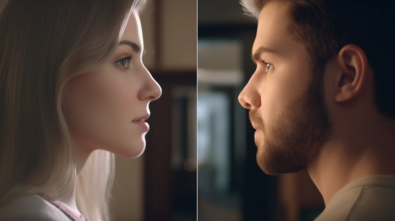 The image is split down the middle. A woman on the left and a man on the right. They both look off into the distance representing regret after divorce.