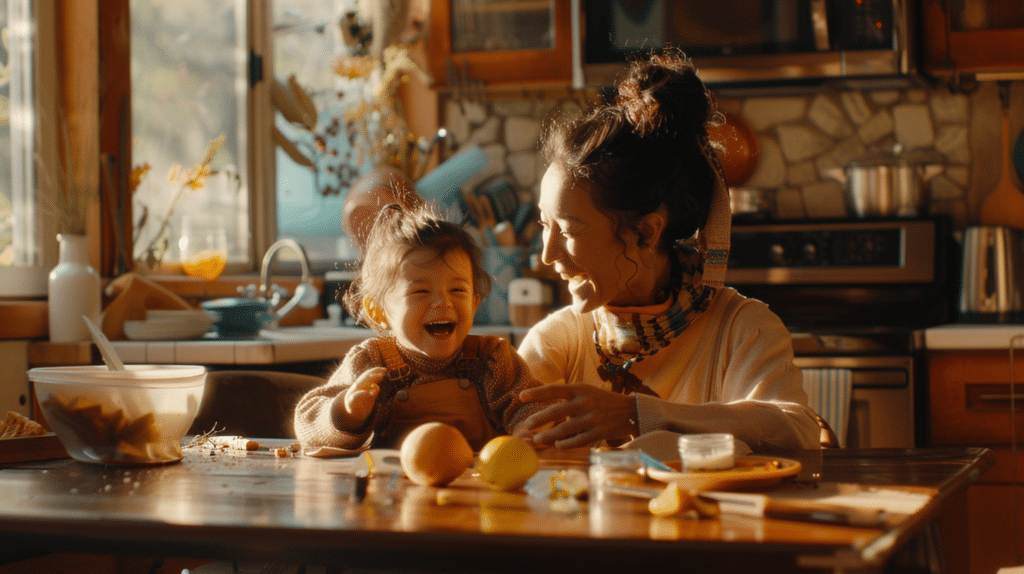 A mother and her baby sit at the kitchen table laughing representing breaking generational cycles: the path of healing and growth.