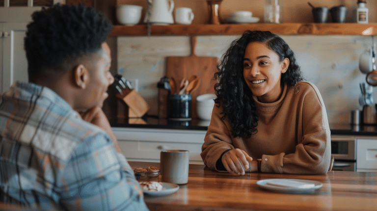 A couple sits at a table having a conversation representing Assumptions to Avoid in Your Relationship