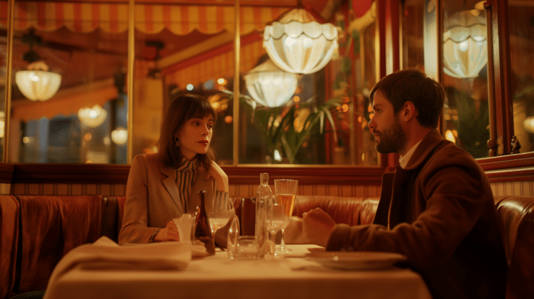 A woman and a man sit at a restaurant on a date representing dating 101: signs they're not over their ex.