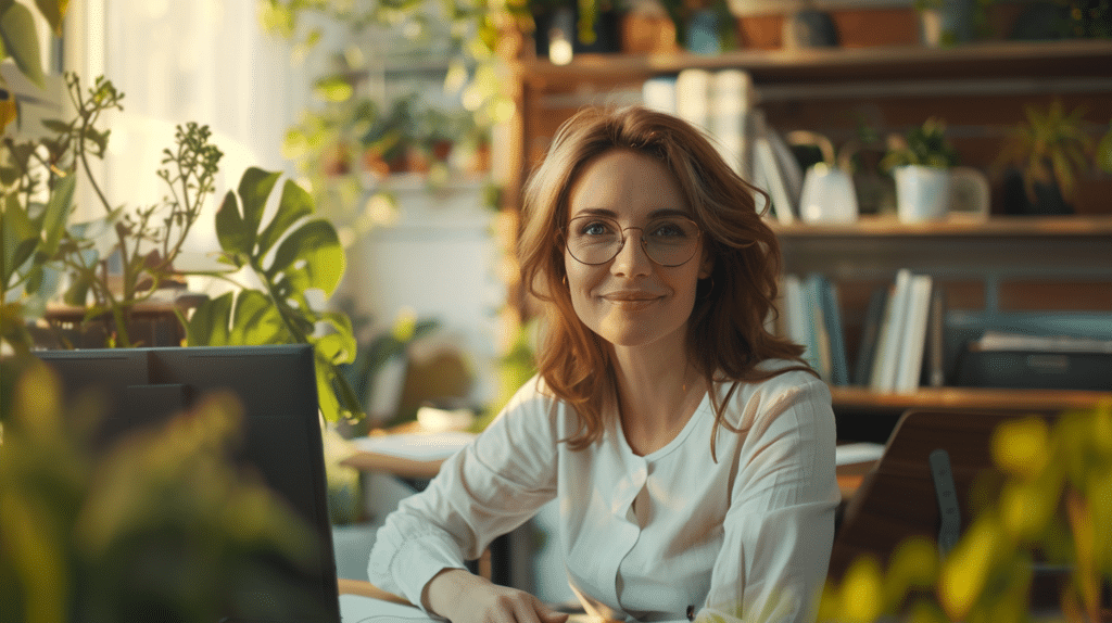 A woman happily sits at her desk in her office representing how introverts can win the workplace.