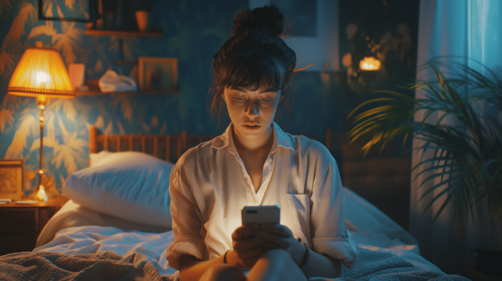 A woman sits in her room looking at a text message on her phone representing how to avoid getting zombied in dating.