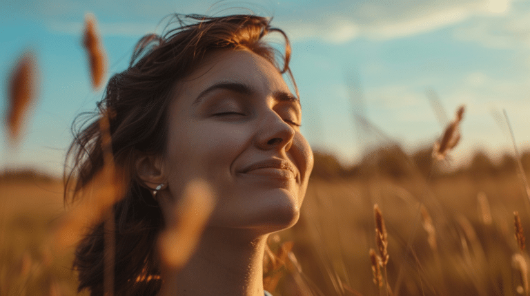 A woman looks happy and peaceful walking through a field representing how to cultivate an abundance mindset.