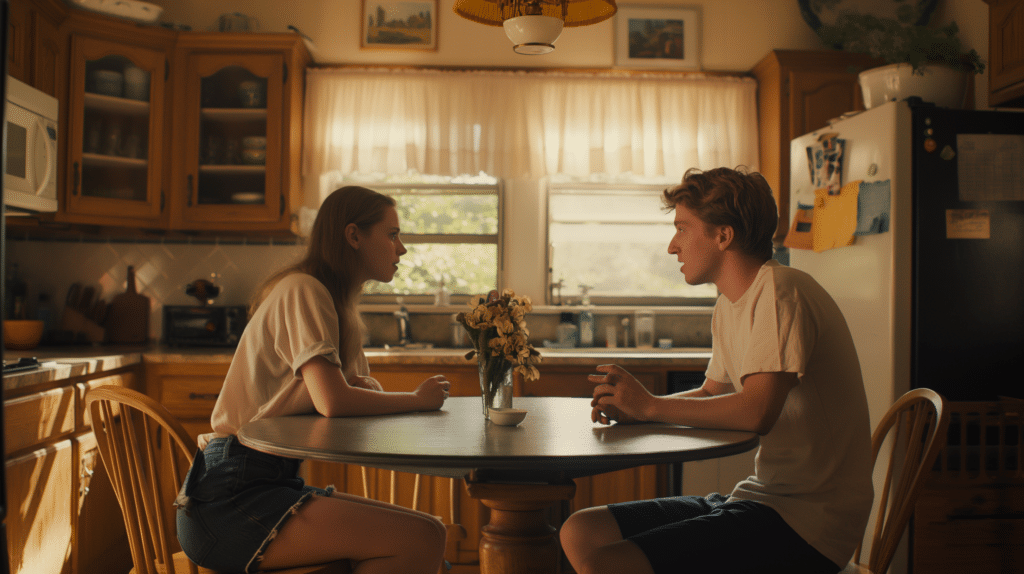 A couple sits at a table working through a difficult conversation representing How to Use a Soft Startup to Navigate Conflict