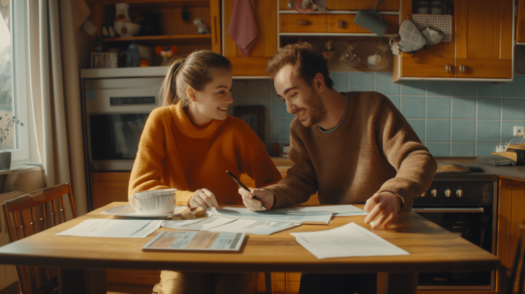 A man and a woman sit at a kitchen table together going over finances representing How to talk to your partner about money without fighting.