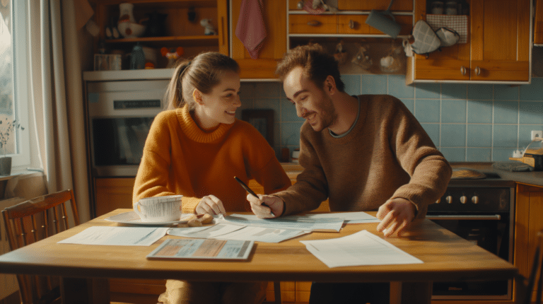 A man and a woman sit at a kitchen table together going over finances representing How to talk to your partner about money without fighting.