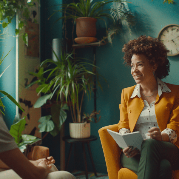 A female therapist sits in her office with a client representing the life hack for therapists of ending sessions on time.