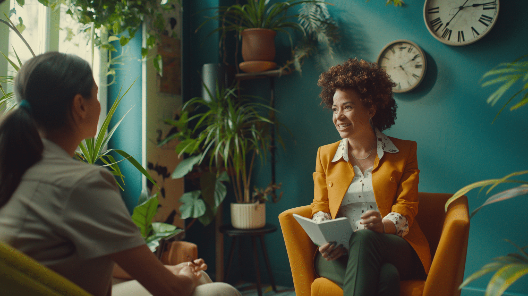A female therapist sits in her office with a client representing the life hack for therapists of ending sessions on time.