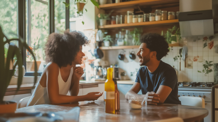 A man and a woman sit at a table talking representing people pleasers in relationships.