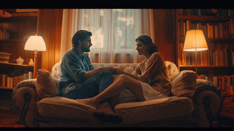 A man and a woman sit on a couch together having a hard conversation representing Signs You Don’t Feel Emotionally Safe in a Relationship