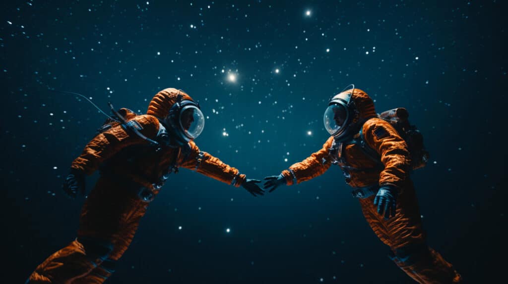 Two astronauts float away from each other in space representing the signs of silent divorce.