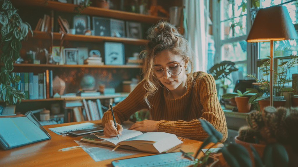 A woman happily journals in her room alone representing self intimacy.
