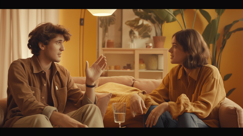 A man and a woman sit on a couch arguing representing contempt in relationships.