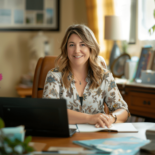 A therapist sits at her desk looking happy and confident representing why therapists need to be leaders