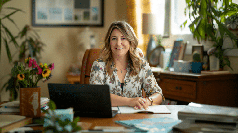 A therapist sits at her desk looking happy and confident representing why therapists need to be leaders