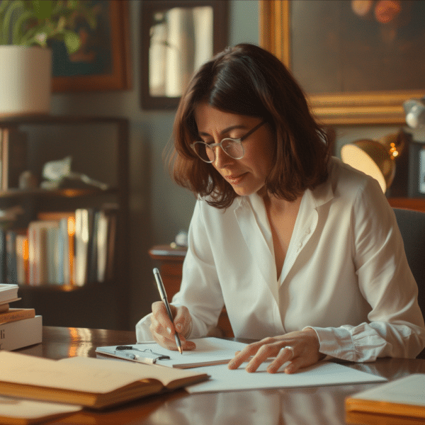 A therapist sits at her desk taking notes representing mastering the art of case notes and documentation.