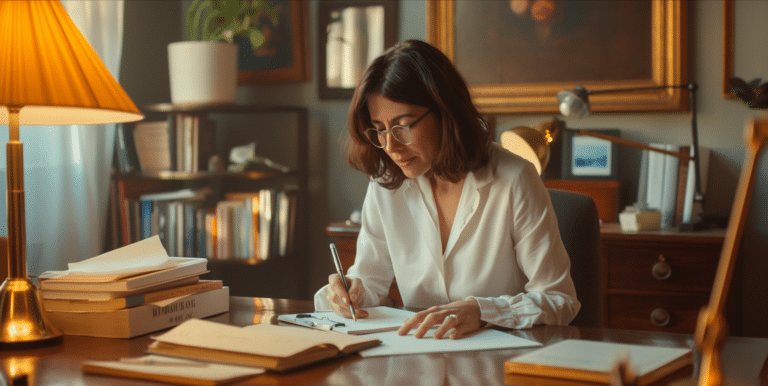 A therapist sits at her desk taking notes representing mastering the art of case notes and documentation.