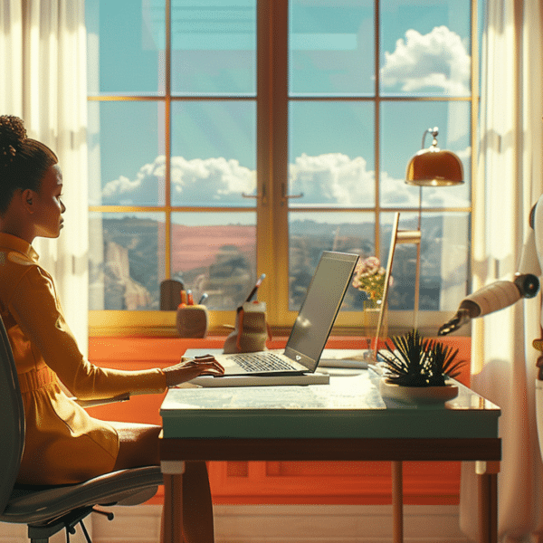 A therapist faces a robot in her offices representing the Future of Therapy in the Age of AI