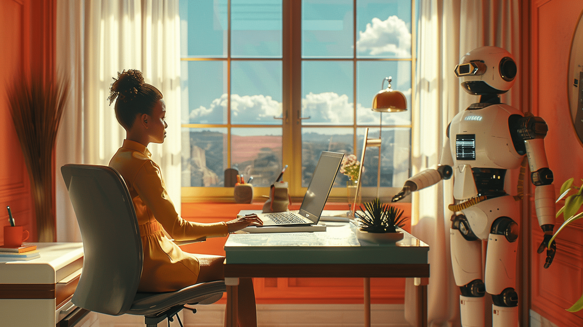 A therapist faces a robot in her offices representing the Future of Therapy in the Age of AI