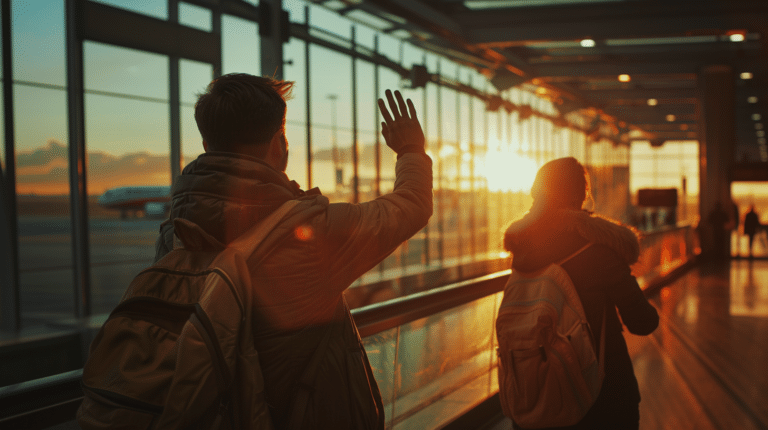 A man waves goodbye to his partner at the airport representing Is It Healthy for Couples to Vacation Separately?