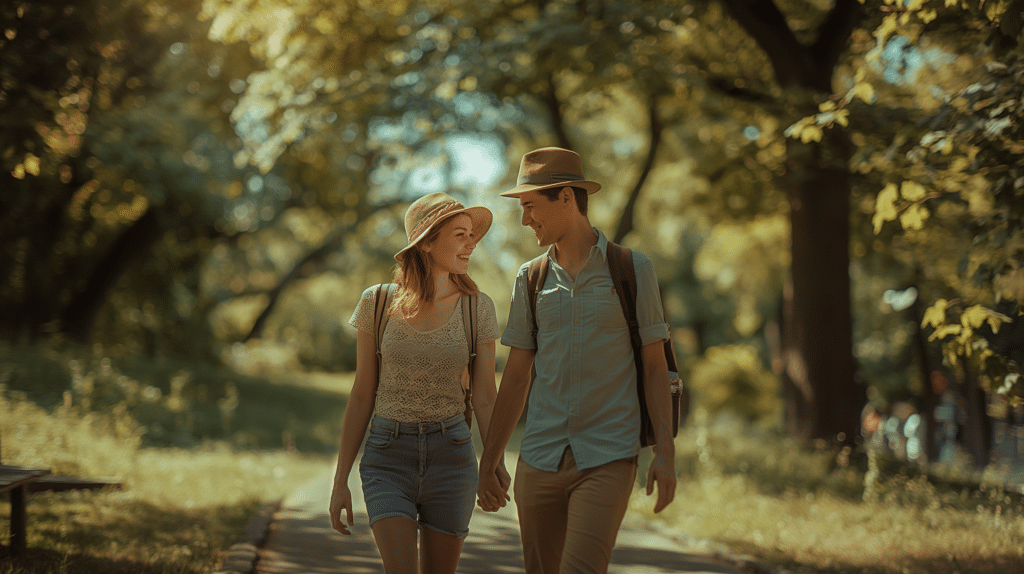 A couple walks through a park together holding hands representing How Can You Improve a Relationship? The Seven Most Surprising Ways.