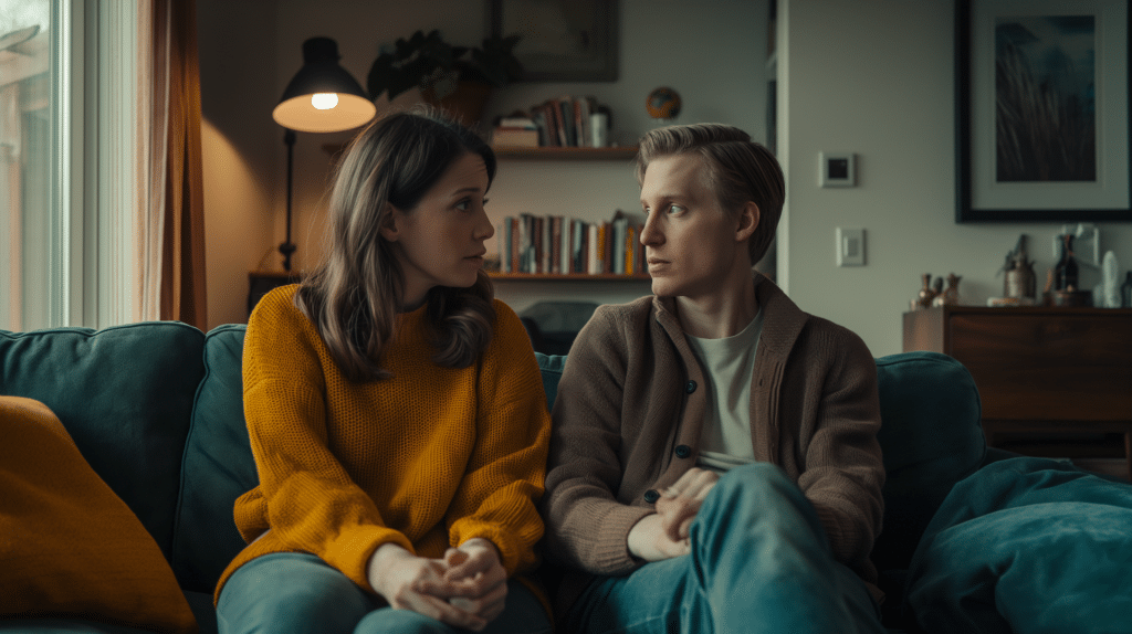 A couple sits on the couch looking at each other with concern representing Did I Marry the Wrong Person?