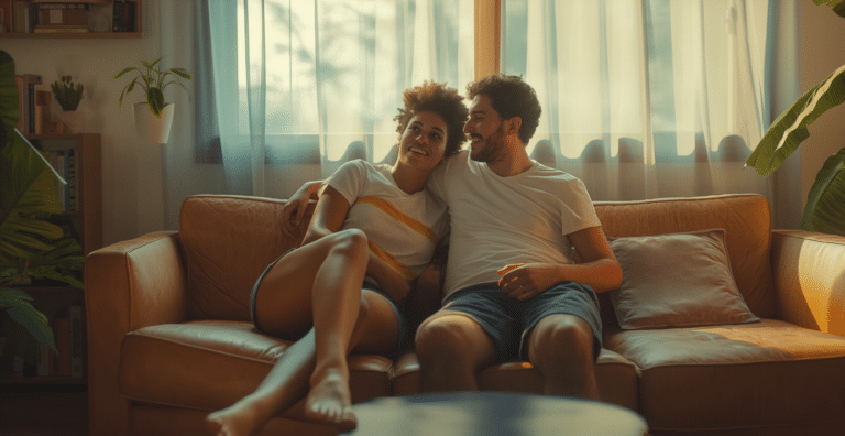 A couple sits on the couch talking representing Feeling Unheard in a Relationship? Here’s How to Transform Communication.