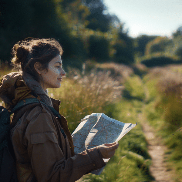 A woman looks at a map as she travels down a path representing how to find your niche as a therapist.