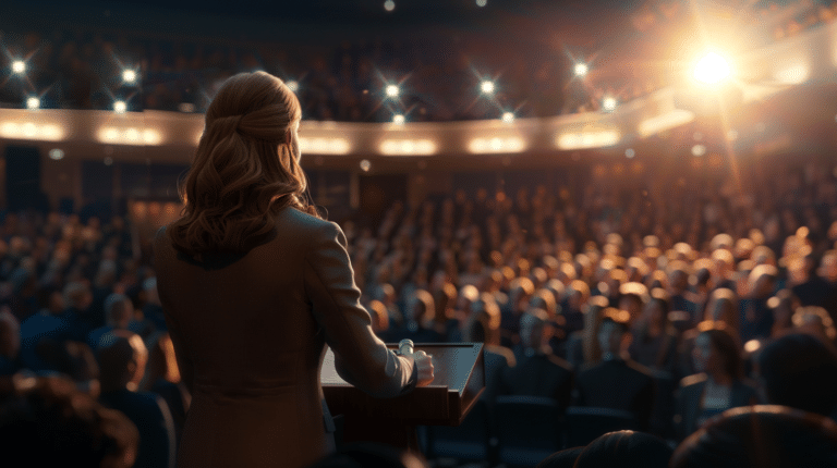 A woman stands on stage talking to a large crowd representing how to stop playing small.