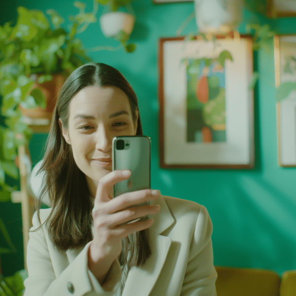 A therapist sits in her office taking a video of herself representing navigating the world of social media as a therapist.