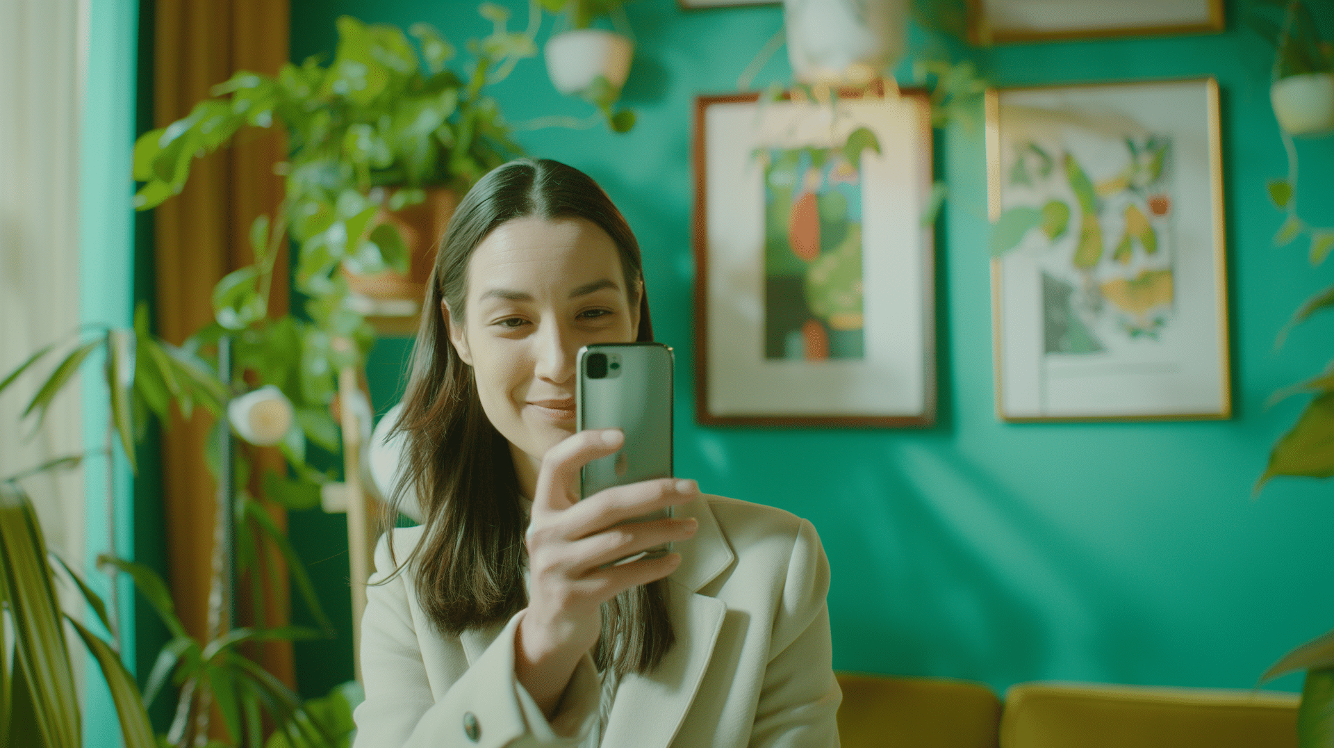 A therapist sits in her office taking a video of herself representing navigating the world of social media as a therapist.