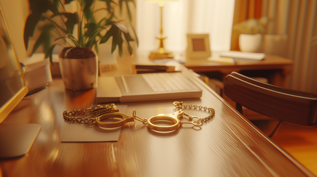 Golden handcuffs sit on the desk of a business person in their office representing Breaking Free from Golden Handcuffs: Reclaim Your Career and Life.