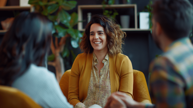 A therapist sits in her office talking with her clients representing How Therapists Can Stay Non-Judgmental in the Face of Values Conflicts