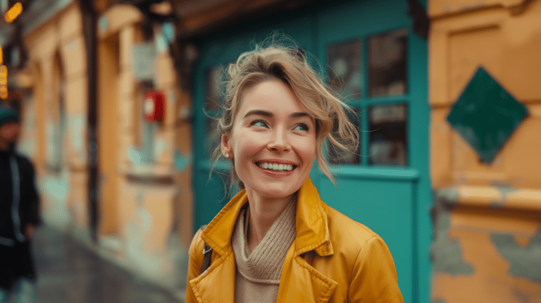 A woman looks happy and confident representing how to exude confidence.