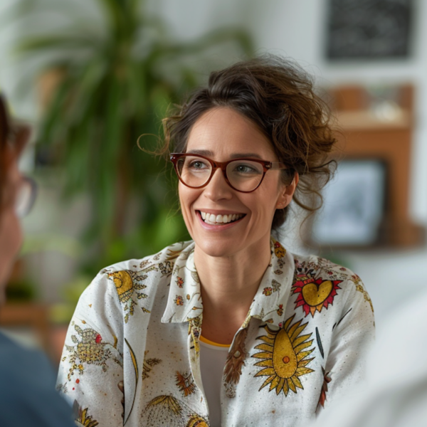 a therapist sits in her office with her new clients representing how to get more therapy clients.