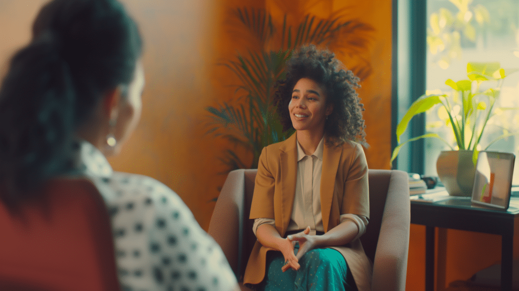 A woman sits and talks with her therapist representing Why Your Therapist is Weird? Therapeutic Boundaries. (Actually a Good Thing)