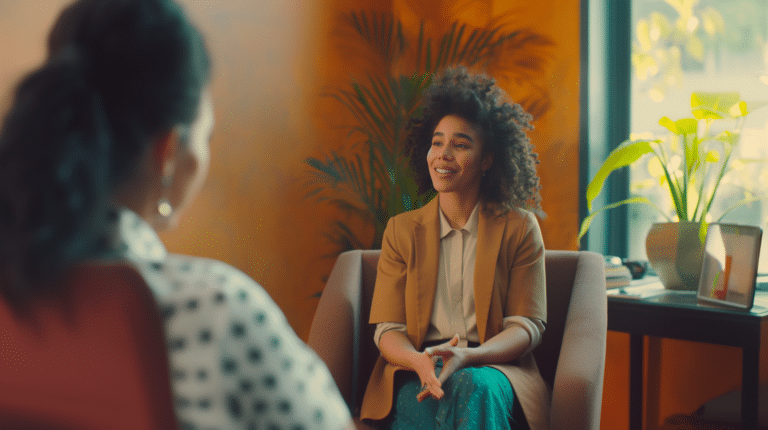 A woman sits and talks with her therapist representing Why Your Therapist is Weird? Therapeutic Boundaries. (Actually a Good Thing)