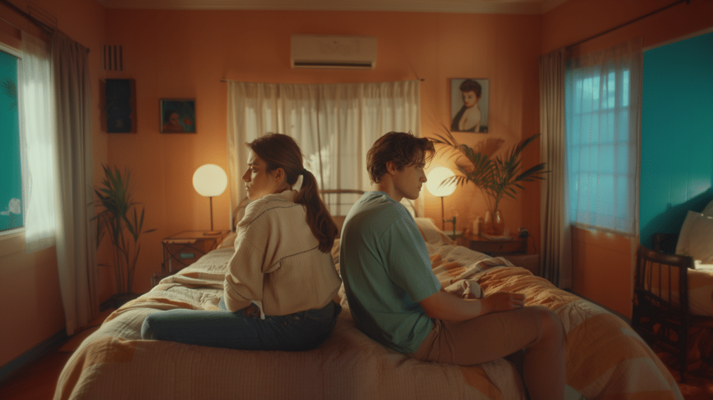 a couple sits on the their bed facing away from each other looking frustrated and sad representing I have no sex drive and it's ruining my relationship.