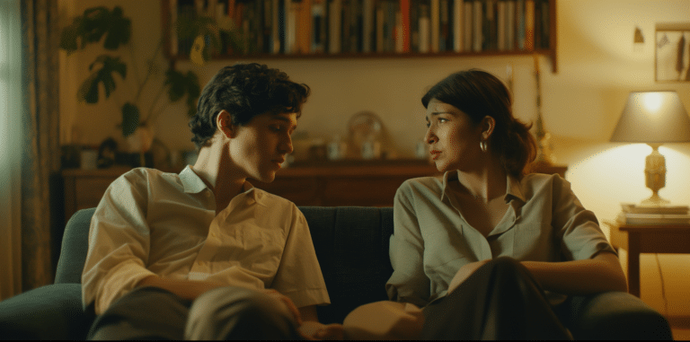 A couple sits on their couch having an intense conversation representing The 12 Relationship Mistakes That Will Destroy a Relationship.