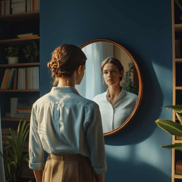 A therapists looks at her reflection in the mirror representing therapists imposter syndrome.