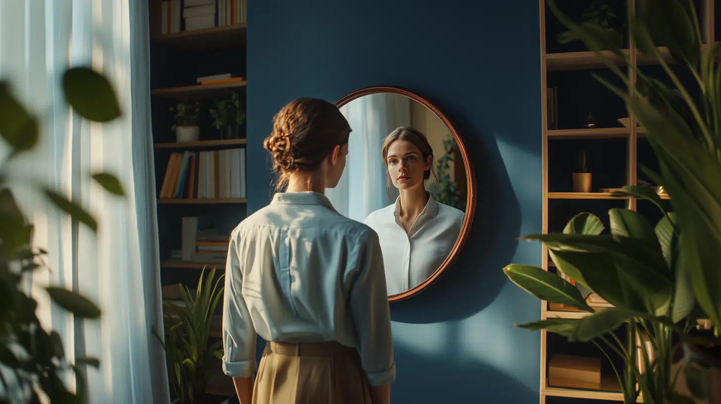 A therapists looks at her reflection in the mirror representing therapists imposter syndrome.