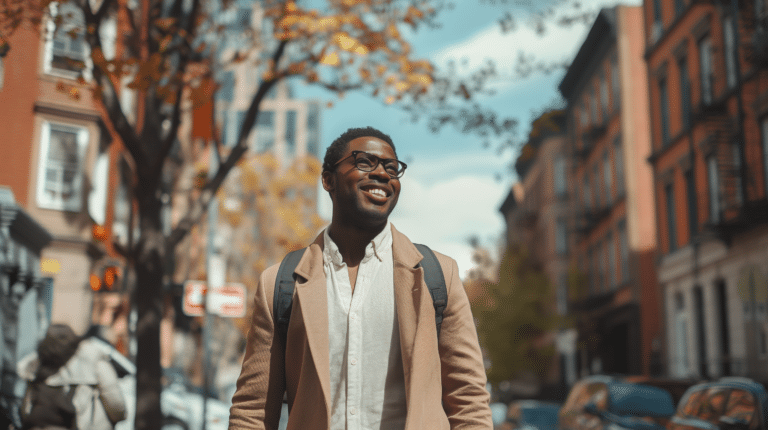 A man is walking down the street looking happy and confident representing Overcoming rejection - turn the pain into your superpower